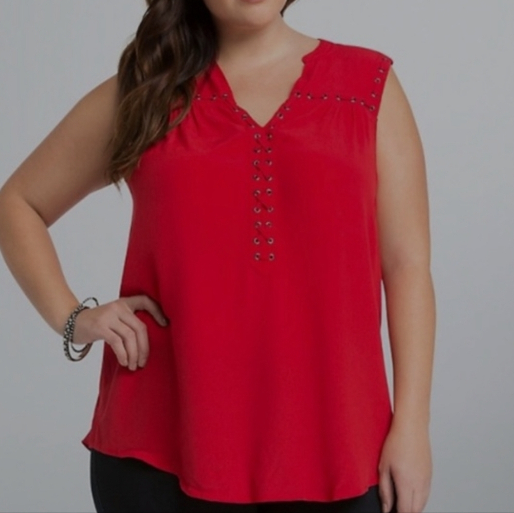 Torrid Plus Size Bright Red Lace-Up Grommet Sleeveless Steampunk Blouse Top 0X